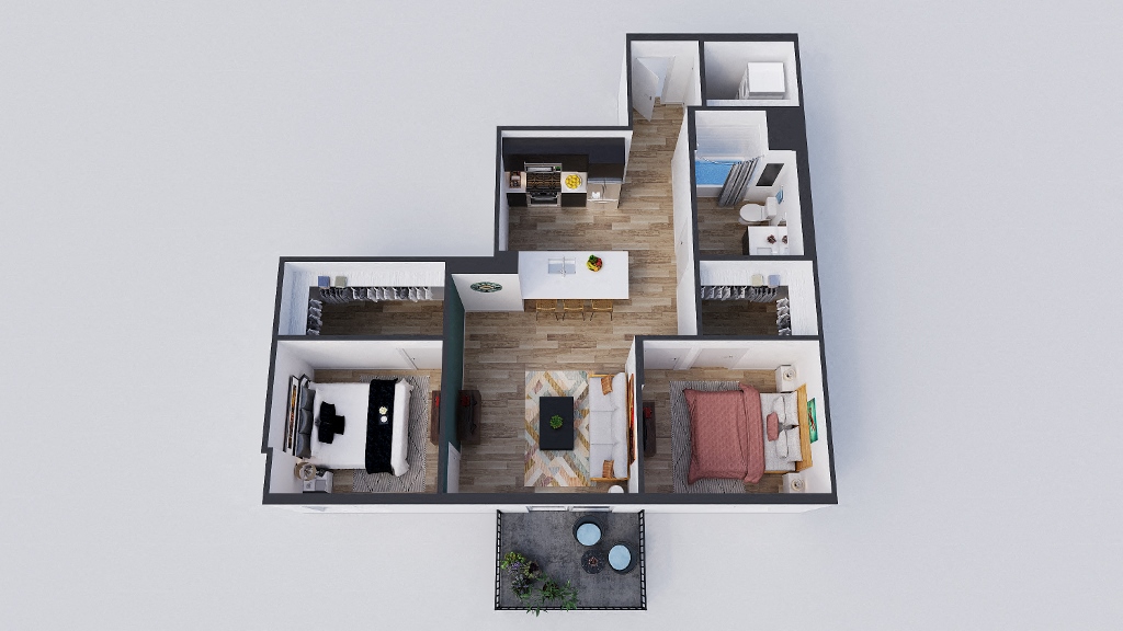 Floor plan for 2 beds, 1 bath, 917 sqft